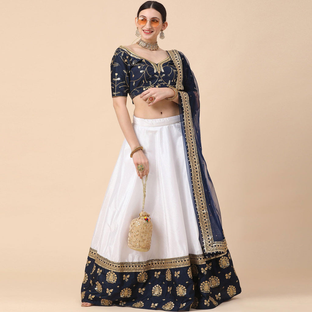 Navy Blue-White Party Wear Sequins Embroidered Satin Lehenga Choli Clothsvilla