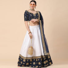 Load image into Gallery viewer, Navy Blue-White Party Wear Sequins Embroidered Satin Lehenga Choli Clothsvilla