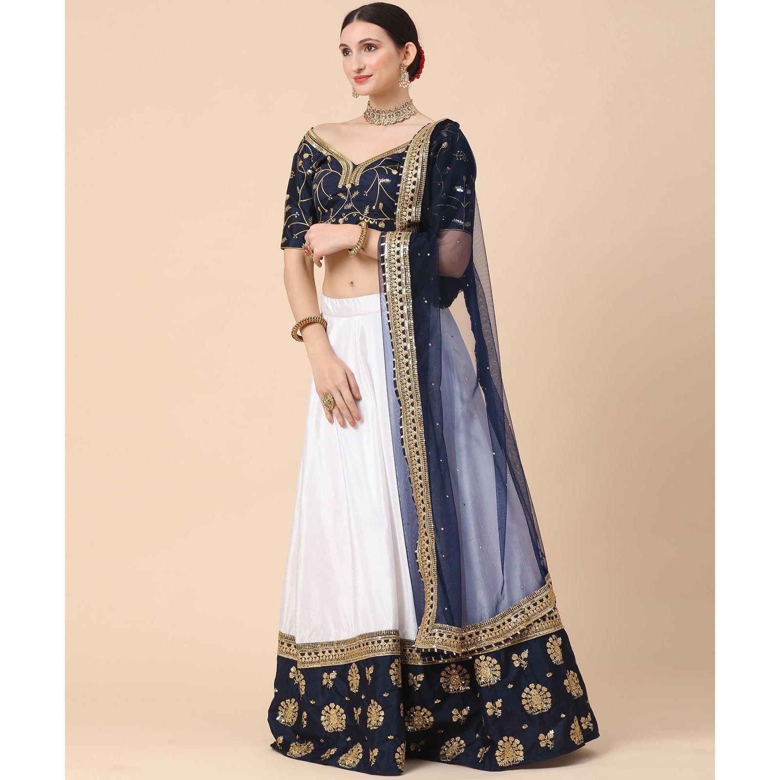 Navy Blue-White Party Wear Sequins Embroidered Satin Lehenga Choli Clothsvilla