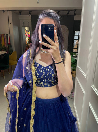 Navy Blue Color Plain net Lehenga Choli Clothsvilla