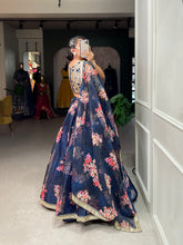 Load image into Gallery viewer, Navy Blue Color Printed And Sequins Embroidery Lace Border Organza Lehenga Choli ClothsVilla.com