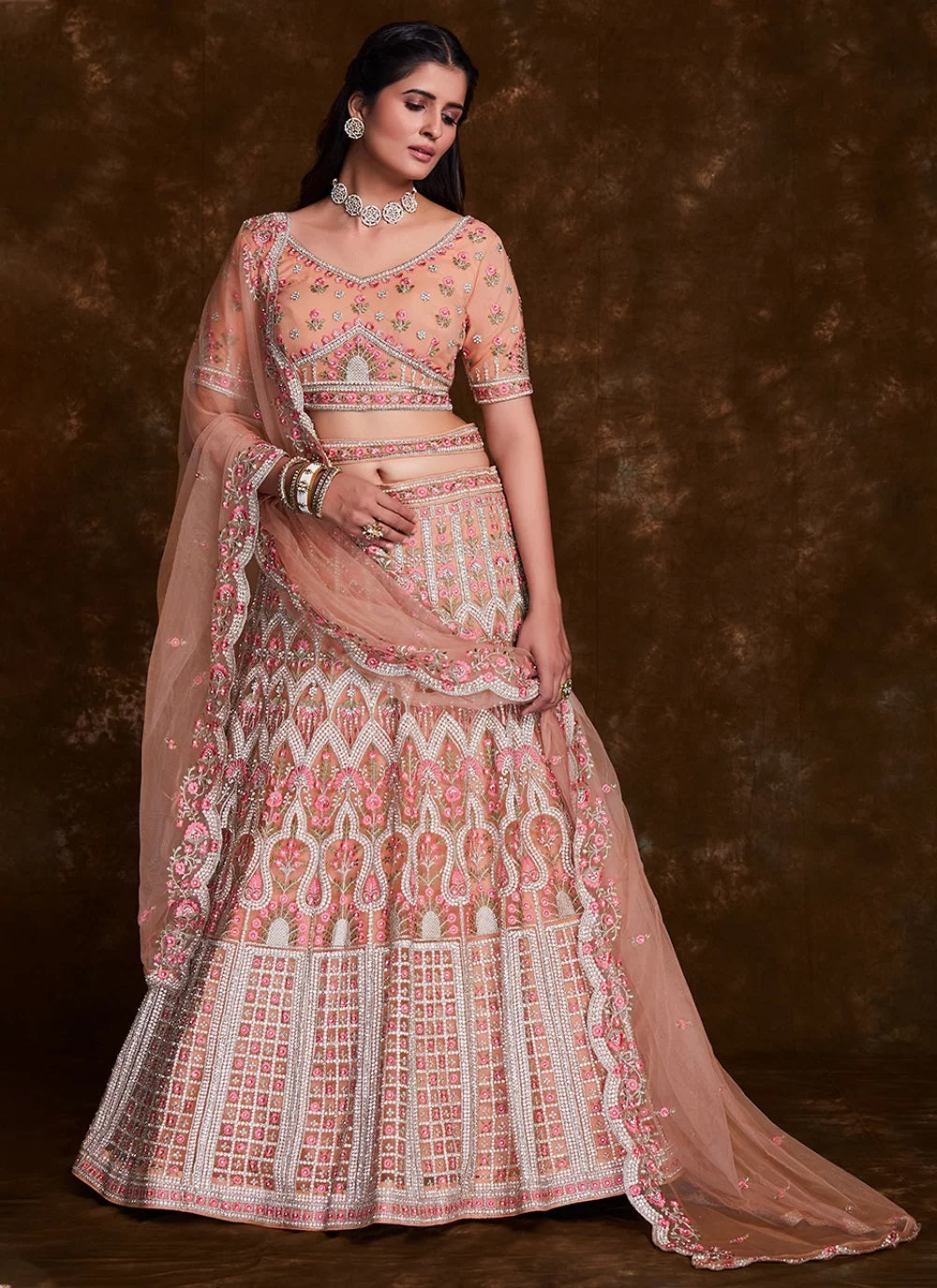 Net Peach Thread and zari A Line Lehenga Choli Clothsvilla