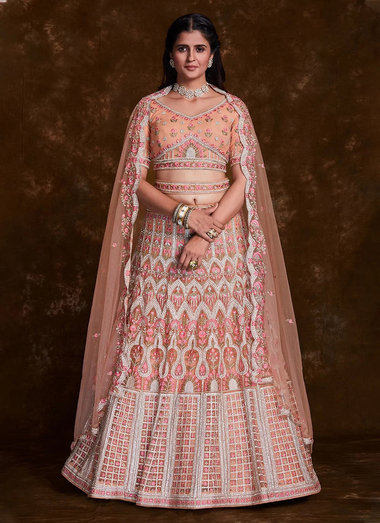 Net Peach Thread and zari A Line Lehenga Choli Clothsvilla