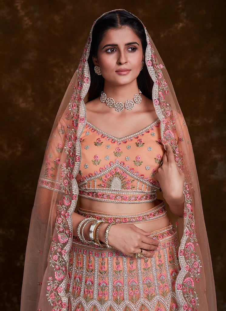 Net Peach Thread and zari A Line Lehenga Choli Clothsvilla