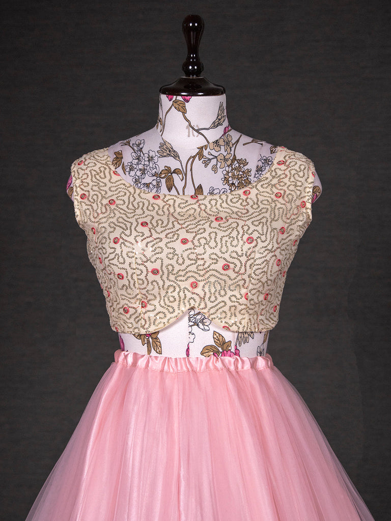 Light Pink Color Sequins Embroidery Work Net Lehenga Choli With Dupatta Clothsvilla