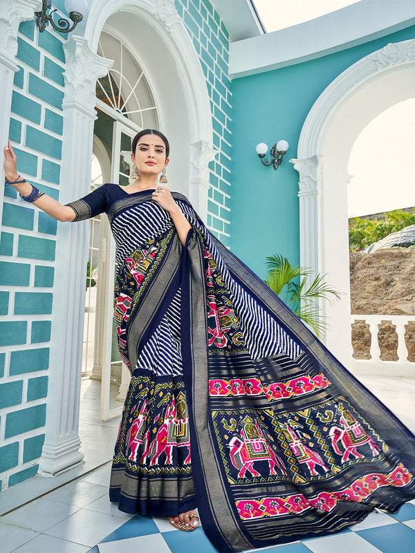 Navy Blue Color Patola & Foil Printed Dola Silk Saree Clothsvilla