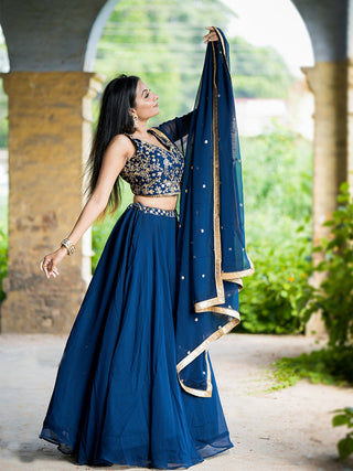 Navy Blue Georgette Sequins And Thread Embroidery Work Lehenga Choli Clothsvilla