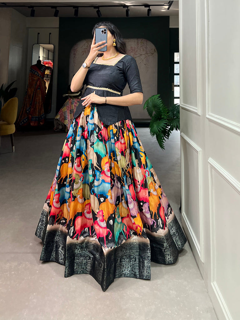 Black Color Digital Print And Zari Weaving Work Dola Silk Lehenga Choli Clothsvilla