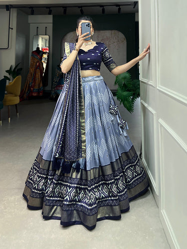 Navy Blue Color Dot And Ikkat Print With Foil Work Tussar Silk Lehenga Choli Clothsvilla