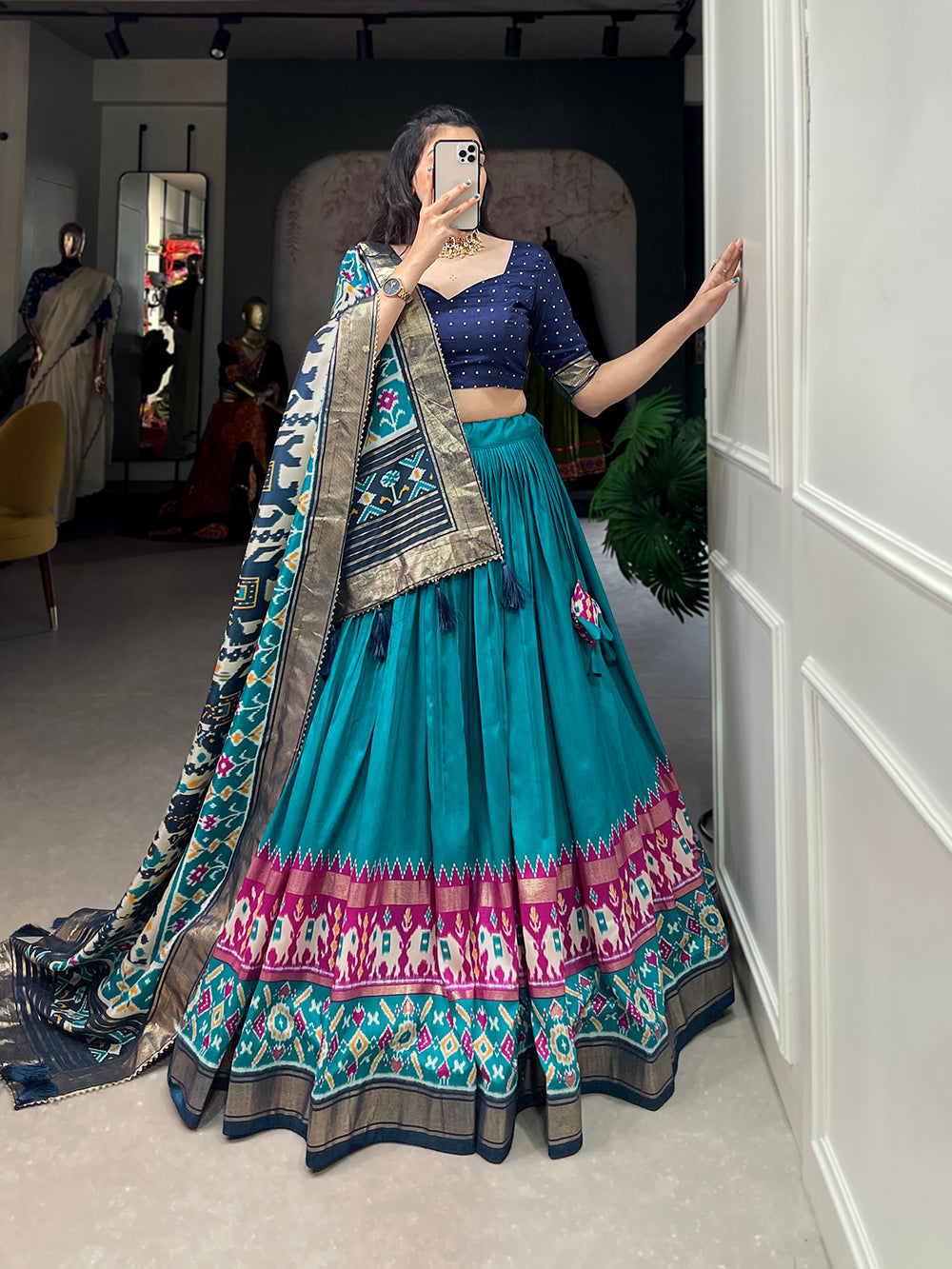 Firozi Color Patola Print With Foil Work Tussar Silk Lehenga Choli ClothsVilla