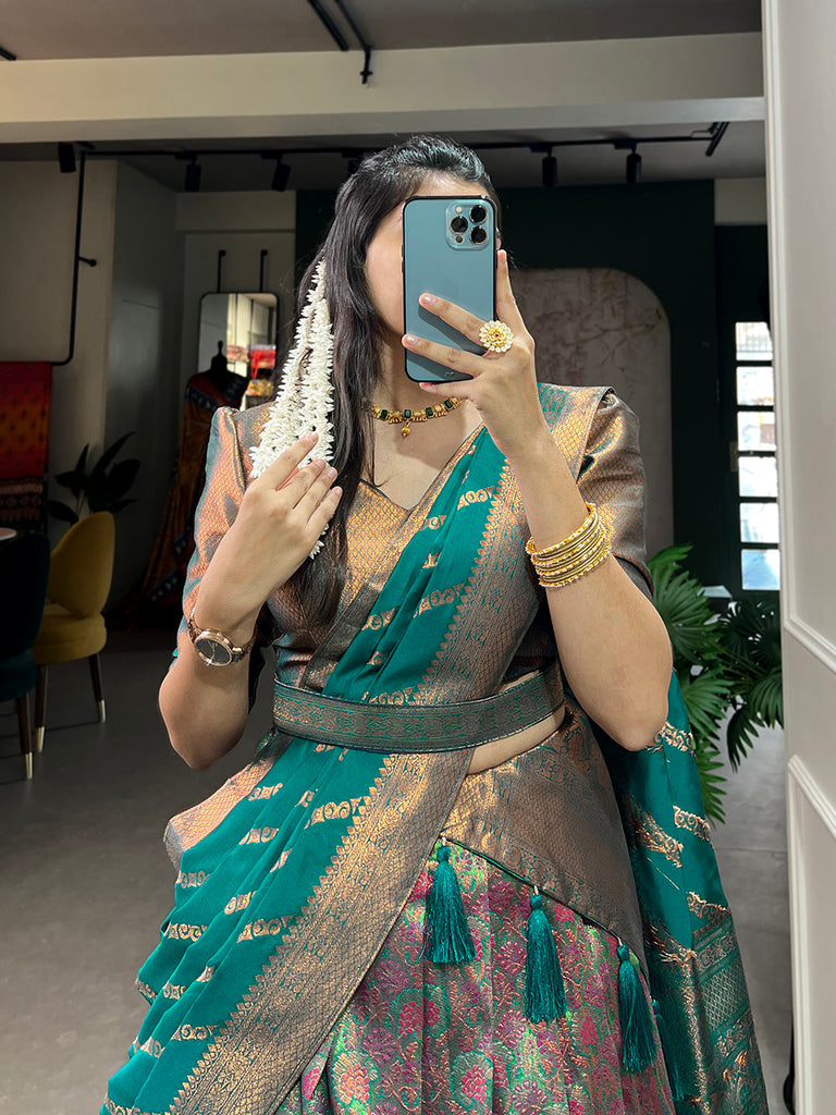 Firozi Color Zari Weaving Work Weaving Silk(Jacquard) Maharashtra Lehenga Choli Clothsvilla