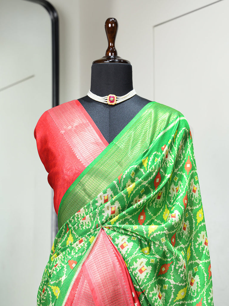 Parrot Color Digital Patola Printed Dola Silk Saree Clothsvilla