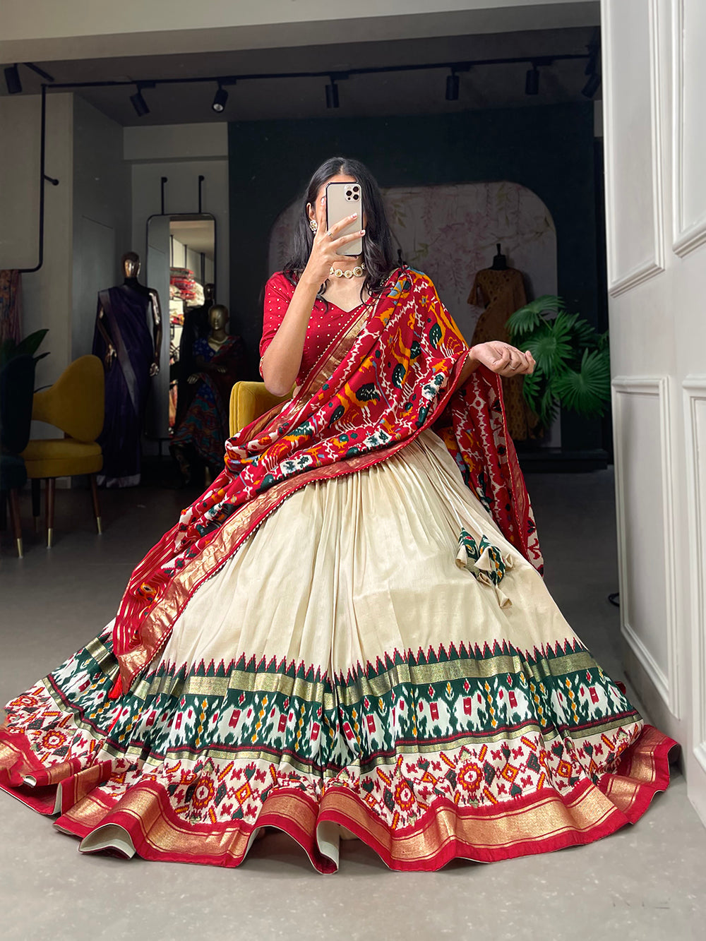 Off White Color Haydrabad Patola Print With Foil Work Tussar Silk Lehenga Choli ClothsVilla