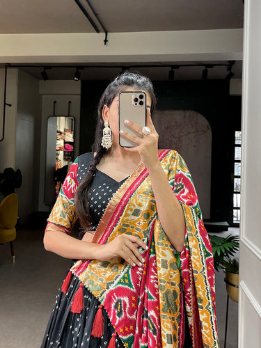 Black Color Patola Print With Foil Work Tussar Silk Lehenga Choli ClothsVilla.com