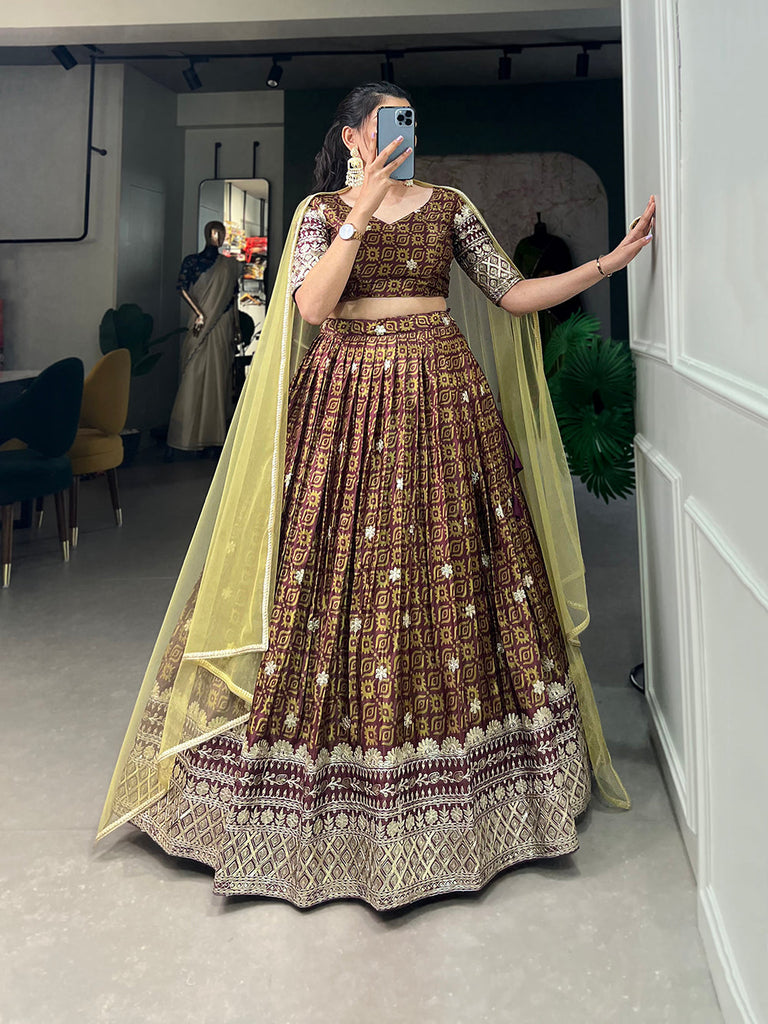 Brown Color Digital Printed Sequins And Embroider Work Chinon Indian Lehenga Choli Clothsvilla