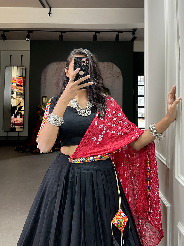 Shop Mighty Black Mirror Work Printed Chanderi Lehenga Set for Women Online  in India at Aachho