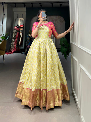 Cream Color Zari Weaving Work Silk Dress Clothsvilla