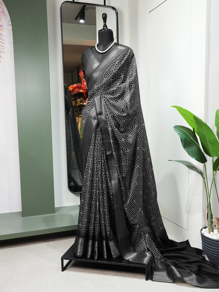 Black Color Printed With Zari Border Dola Silk Saree Clothsvilla