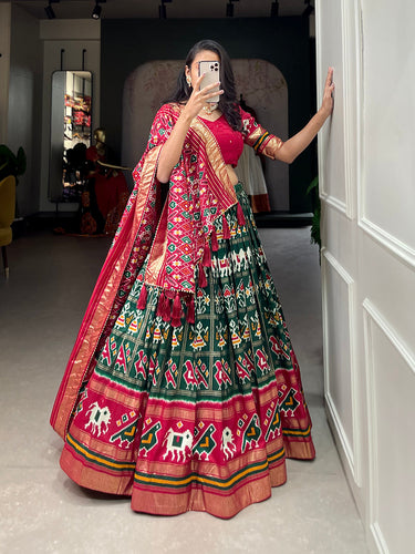 Green Color Patola Printed With Foil Work Tussar Silk Lehenga Choli ClothsVilla