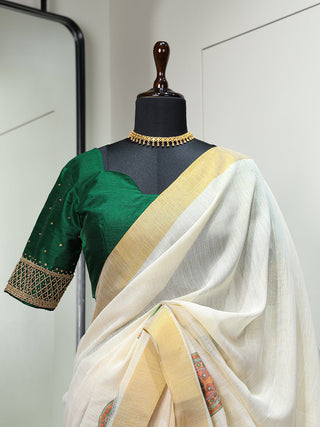 Kathak Design Printed Kasavu Zari Border Saree Clothsvilla