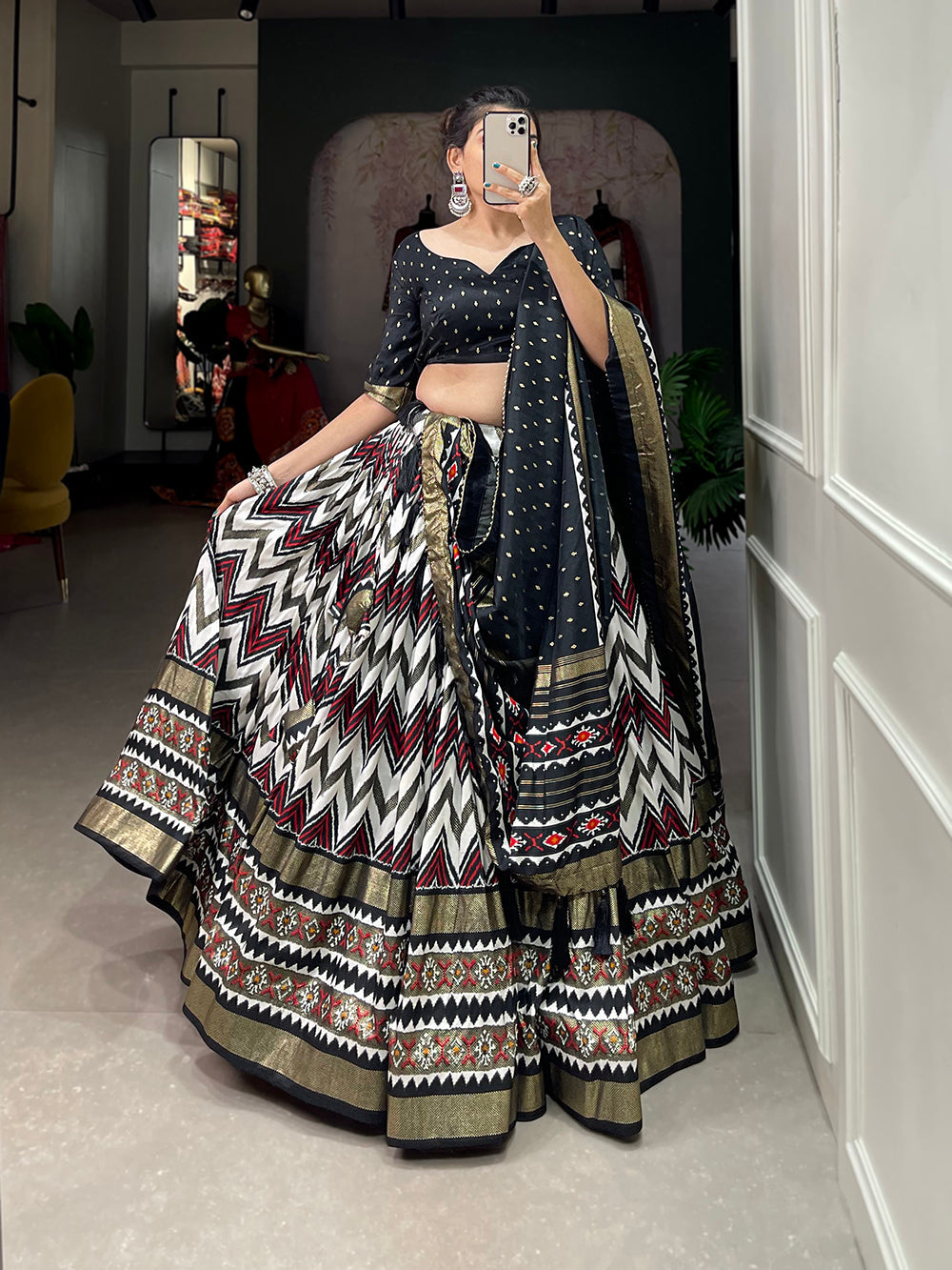Black Color Leheriya With Foil Work Tussar Silk Lehenga Choli ClothsVilla.com