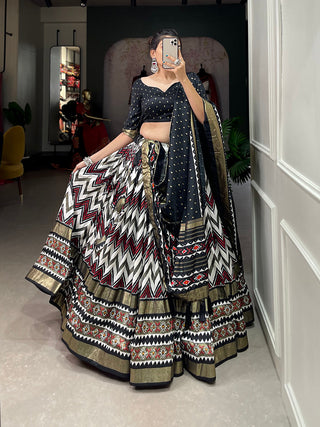 Black Color Leheriya With Foil Work Tussar Silk Lehenga Choli ClothsVilla.com