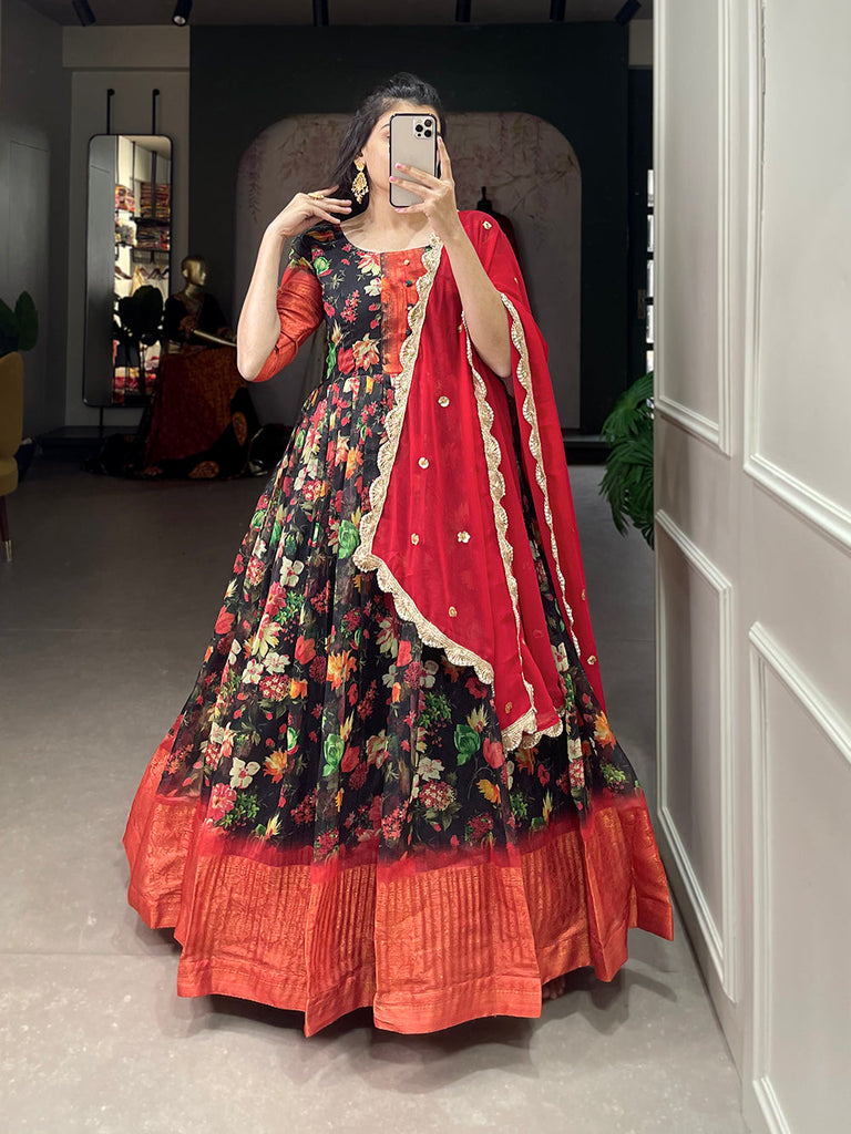 Multi Color Printed With Weaving Work Patta Soft Chanderi  Dress Clothsvilla