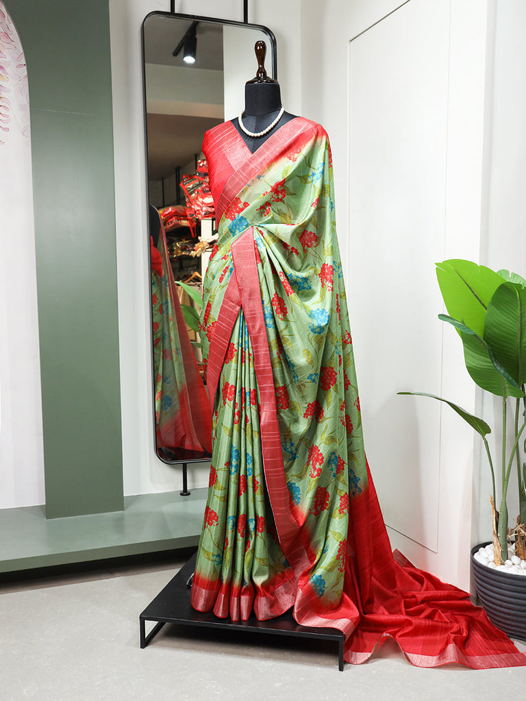Parrot Color Digital Printed Handloom Kotha Border Saree Clothsvilla