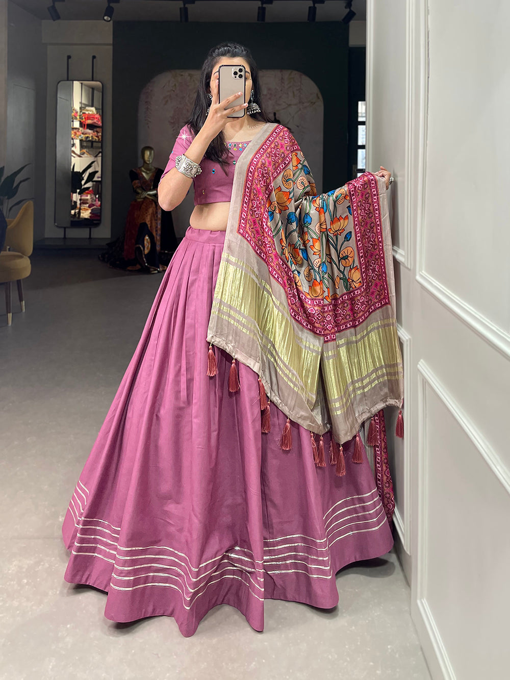 Peach Color Plain With Gotta Patti Cotton Lehenga Choli ClothsVilla.com