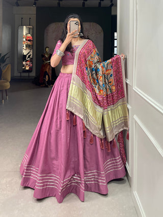 Peach Color Plain With Gotta Patti Cotton Lehenga Choli ClothsVilla.com