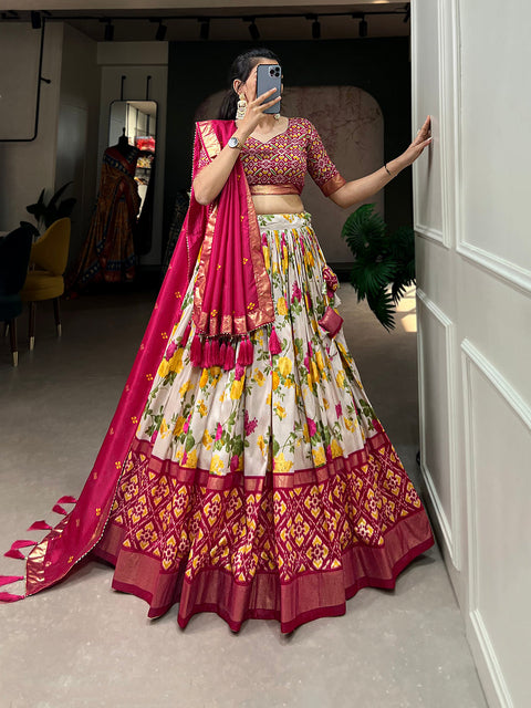 Pink Color Floral And Patola Printed With Foil Work Tussar Silk Lehenga Choli Clothsvilla Main image