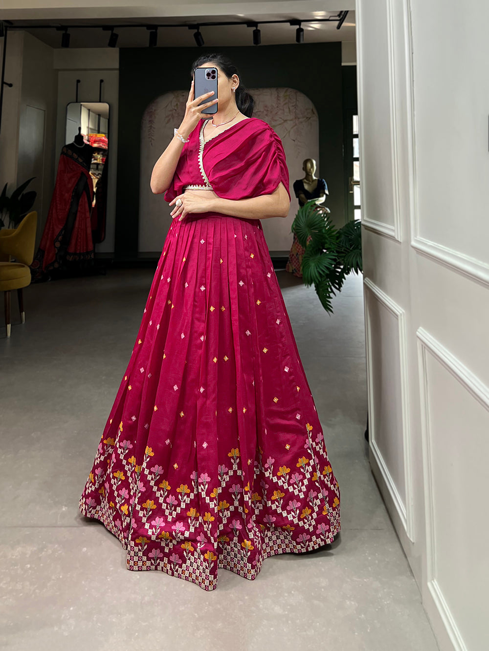 Pink Color Thread Embroidery Work Vichitra Silk Lehenga Choli Clothsvilla