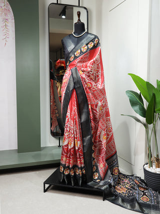 Red Color Printed With Zari Border Dola Silk Saree Clothsvilla