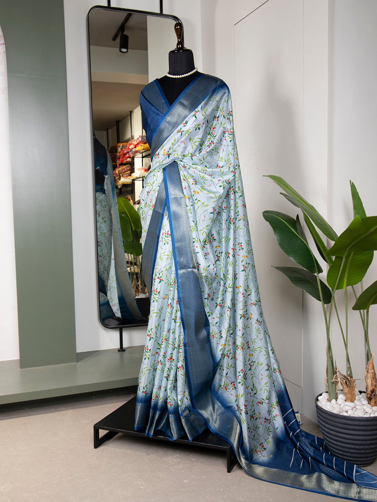 Sky Blue Color Printed With Zari Border Dola Silk Saree Clothsvilla