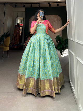 Sky Blue Color Zari Weaving Work Silk Dress Clothsvilla