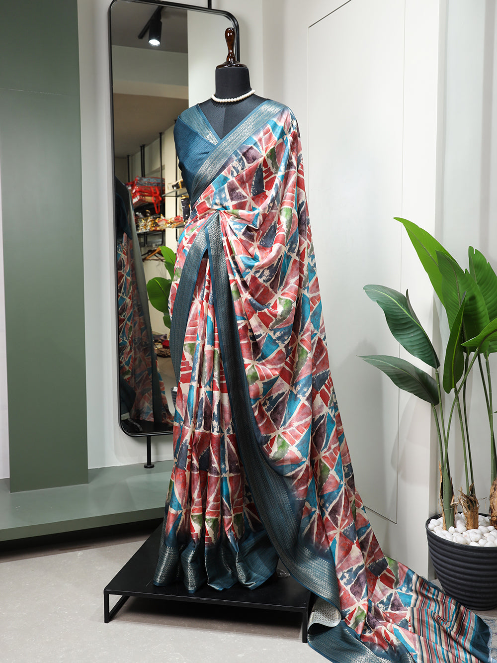 Teal Color Printed With Zari Border Dola Silk Saree Clothsvilla