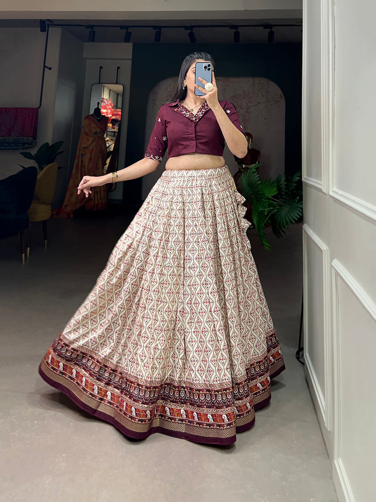 Wine Color Patola With Foil Print Rayon Cotton Co-ord Set Lehenga Choli Clothsvilla