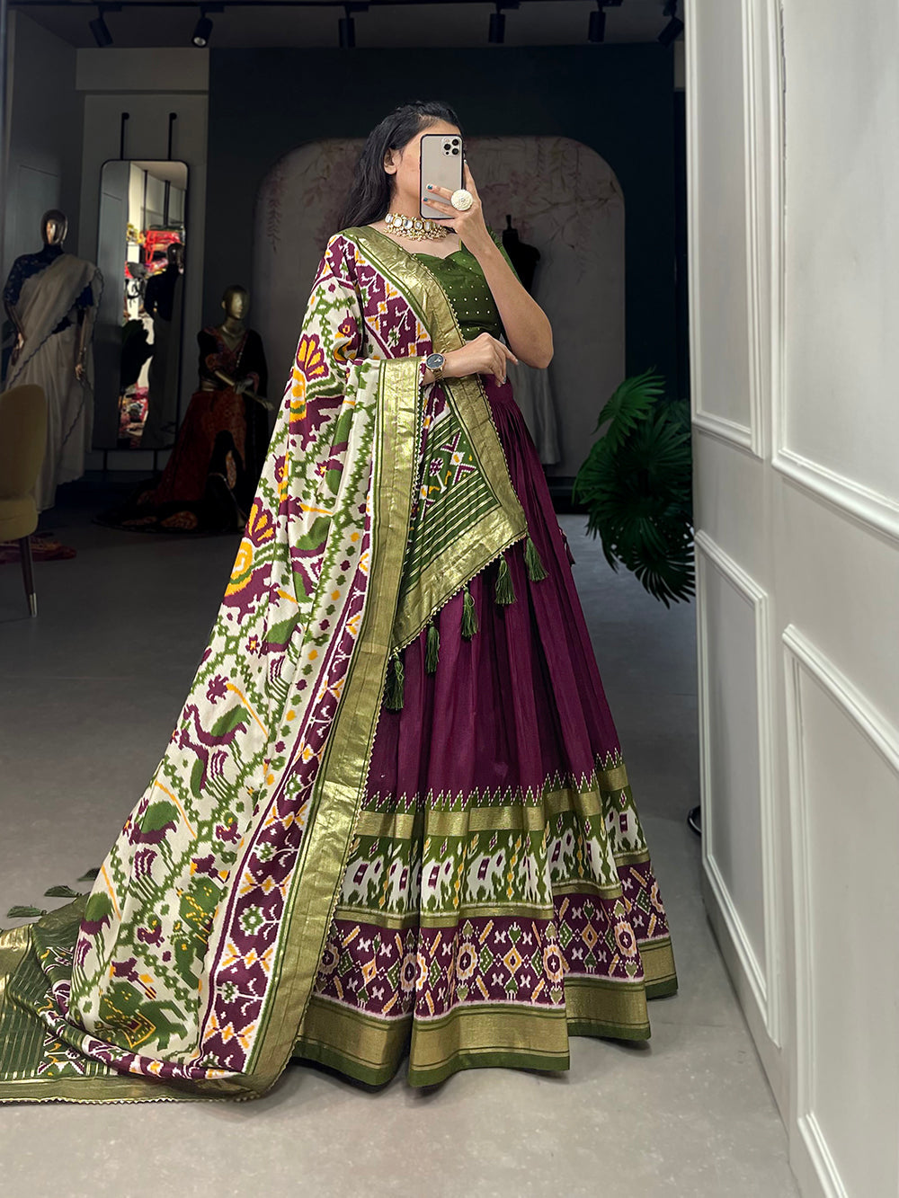 Wine Color Patola Print With Foil Work Tussar Silk Lehenga Choli ClothsVilla.com