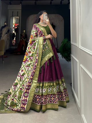 Wine Color Patola Print With Foil Work Tussar Silk Lehenga Choli ClothsVilla.com