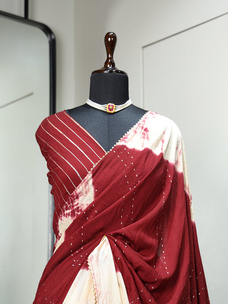 Maroon Color Sequins With Zari Line And Gota Patti Lace Border Viscose Chanderi Saree Clothsvilla