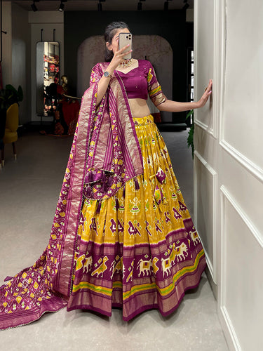 Mustard Color Patola Printed With Foil Work Tussar Silk Lehenga Choli ClothsVilla