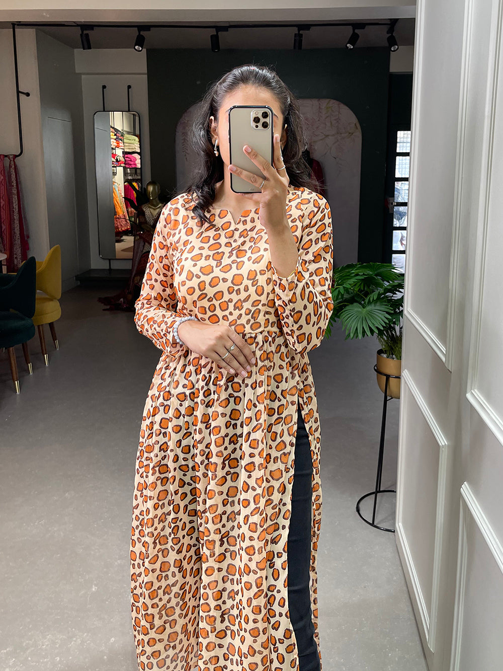 Brown Color Animal Print Chiffon Kurti Clothsvilla