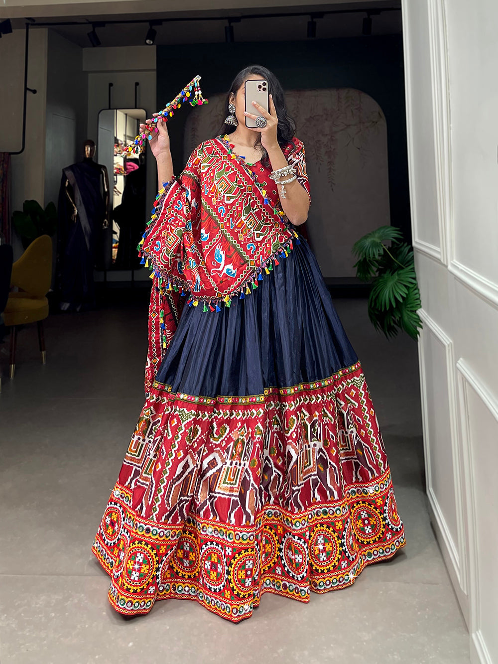 Navy Blue Color Patola Print With Gamthi Work And Mirror Work Dola Silk Chaniya Choli ClothsVilla.com
