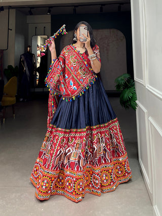 Navy Blue Color Patola Print With Gamthi Work And Mirror Work Dola Silk Chaniya Choli ClothsVilla.com