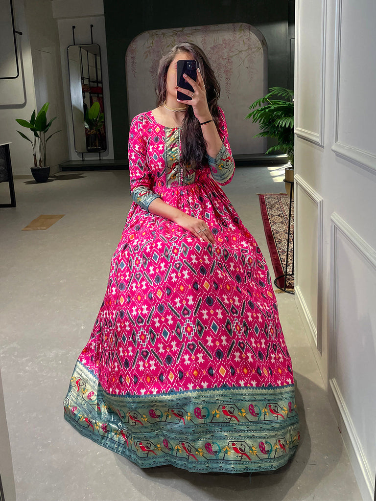 Pink Color Patola Paithani Printed And Foil Printed Silk Gown Clothsvilla