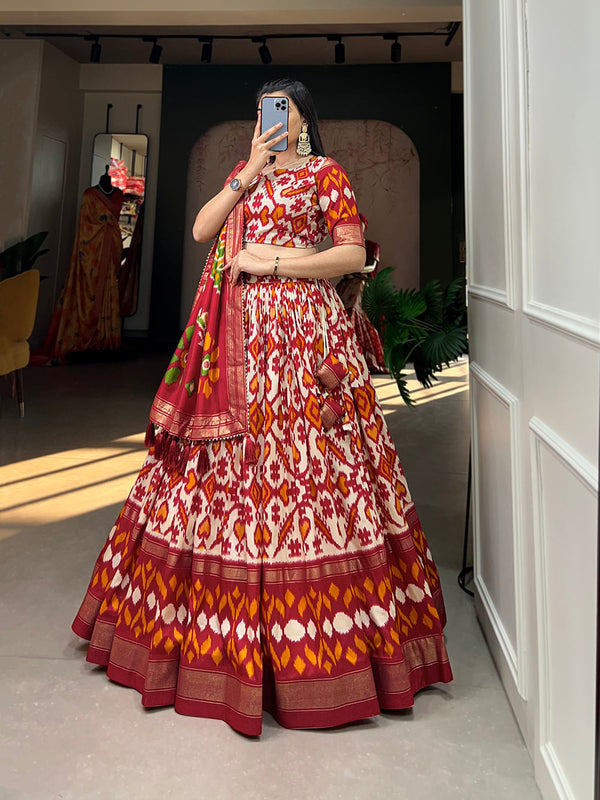 Off White Color Patola Print With Foil Work Tussar Silk Lehnga Choli Clothsvilla