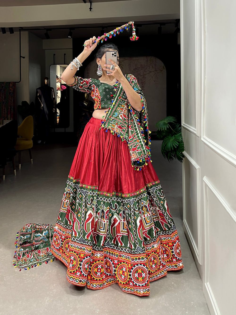 Red Color Patola Print With Gamthi Work And Mirror Work Dola Silk Lehenga  Choli ClothsVilla