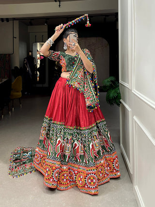 Red Color Patola Print With Gamthi Work And Mirror Work Dola Silk Lehenga  Choli ClothsVilla