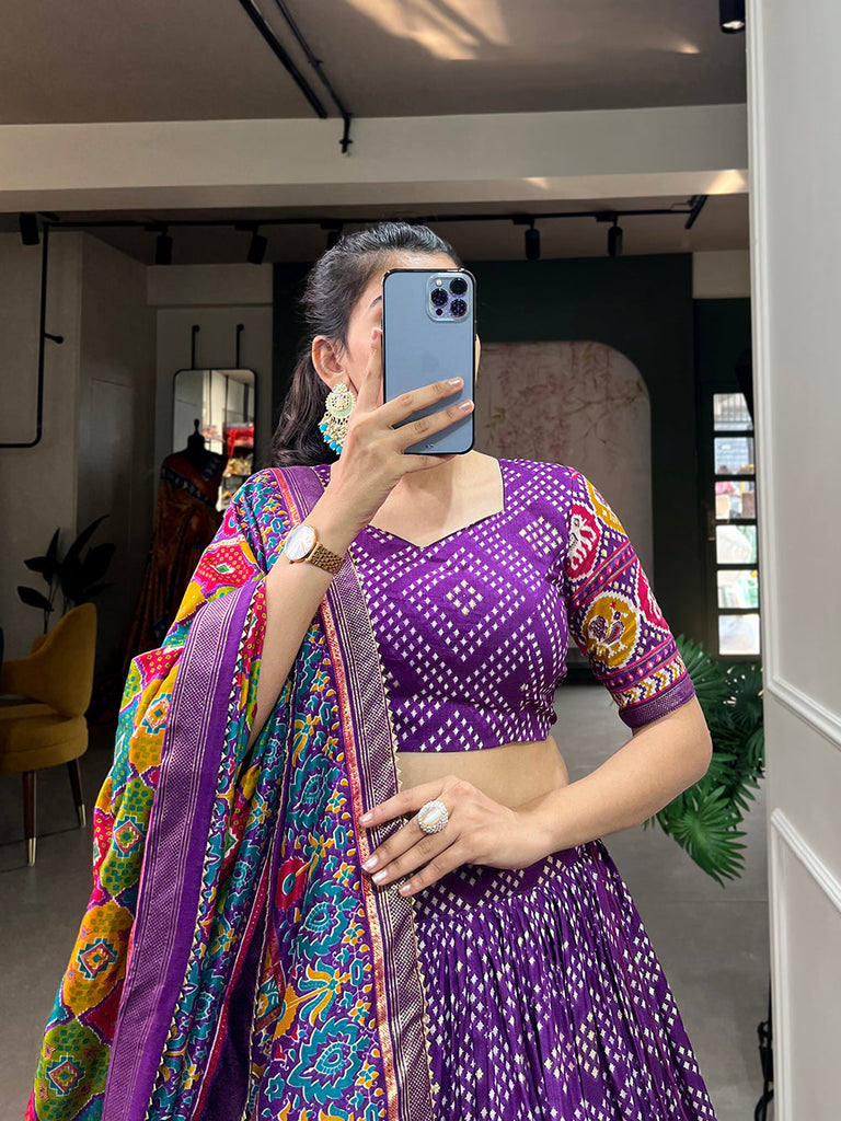 Purple Color Bandhej And Patola Print With Foil Work Tussar Silk Lehnga Choli Clothsvilla