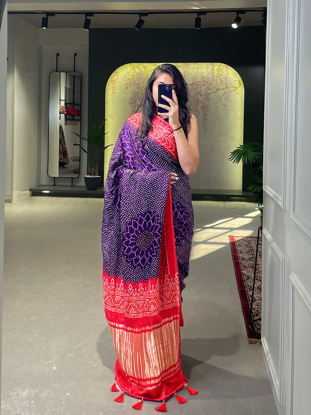 Purple Color Floral & Foil Work Gaji Silk Saree Secondary image